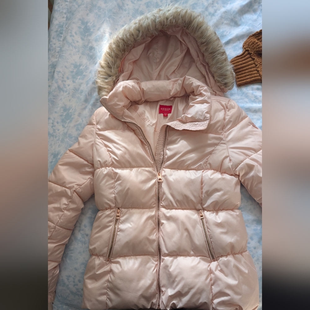 GUESS Girls' Light Pink Hooded Puffer Jacket
